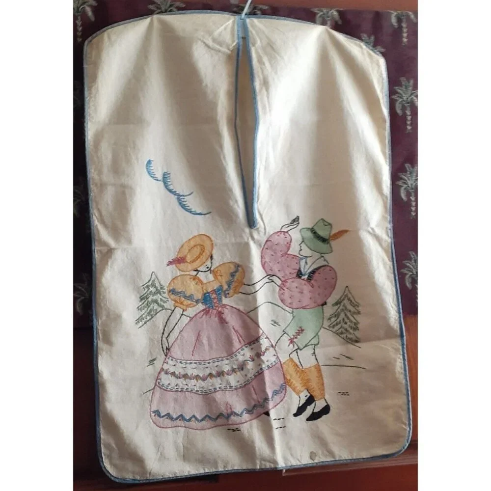 1940's Laundry Bag Embroidered Switzerland Lederhosen Man Corset Dress Lady